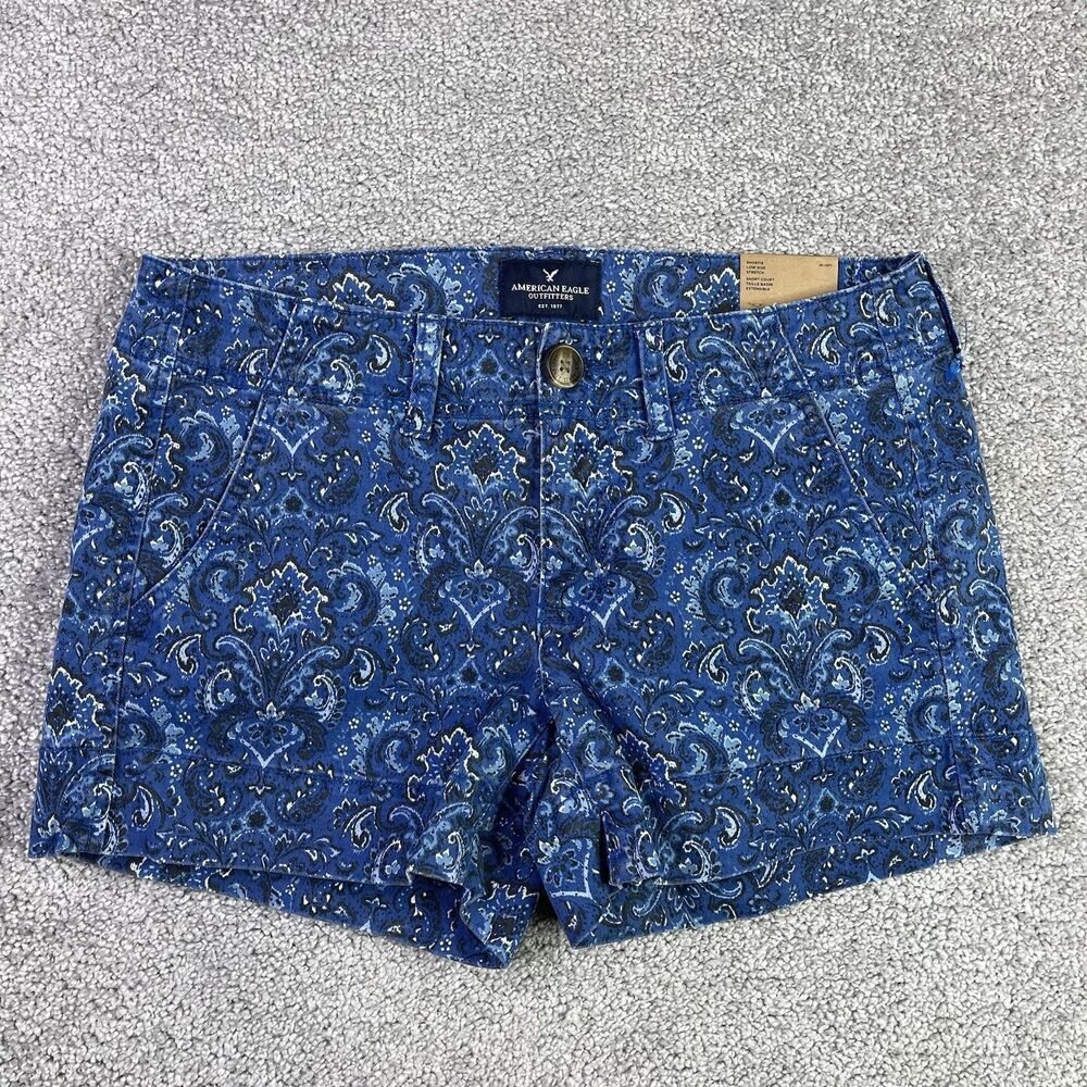 American Eagle Shorts Women’s 2 Blue Shortie Low Rise Paisley Print Stretch